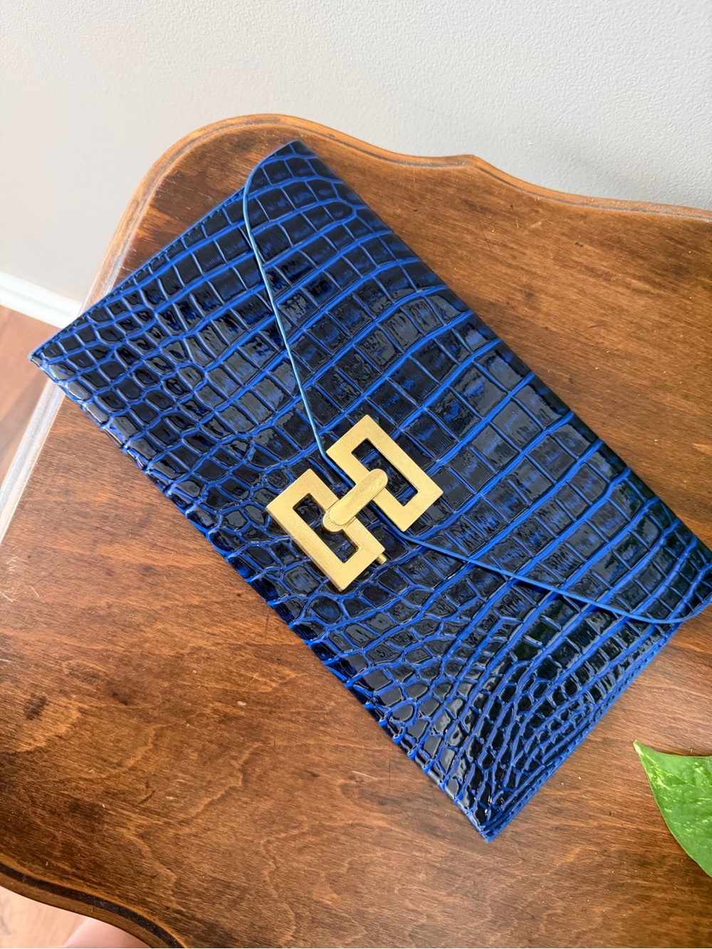 NWT. Croc-Embossed Blue Envelope Clutch with Gold Accent